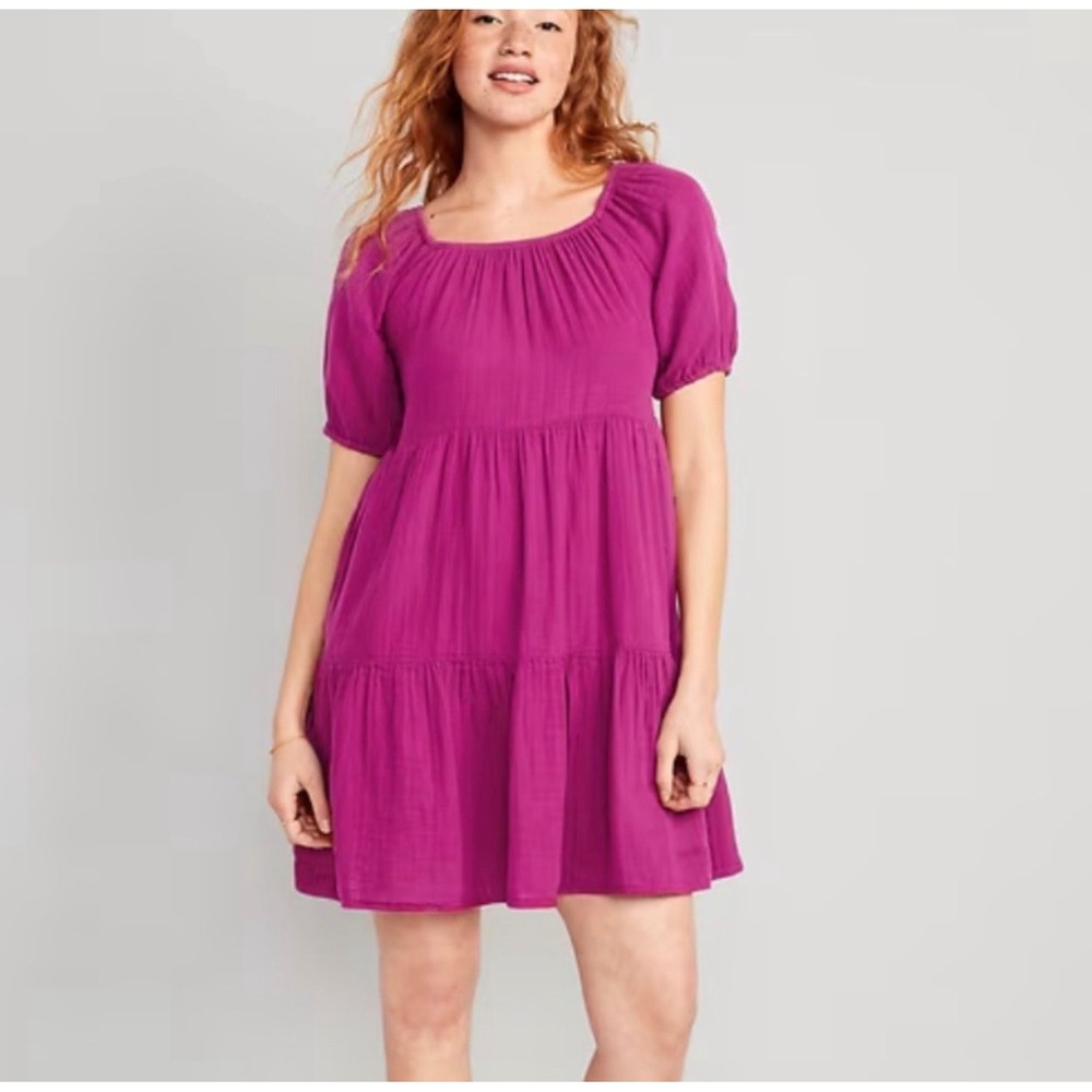 Old Navy Womens M Pink Cotton Gauze Tiered Mini Dress Puff Sleeve NEW